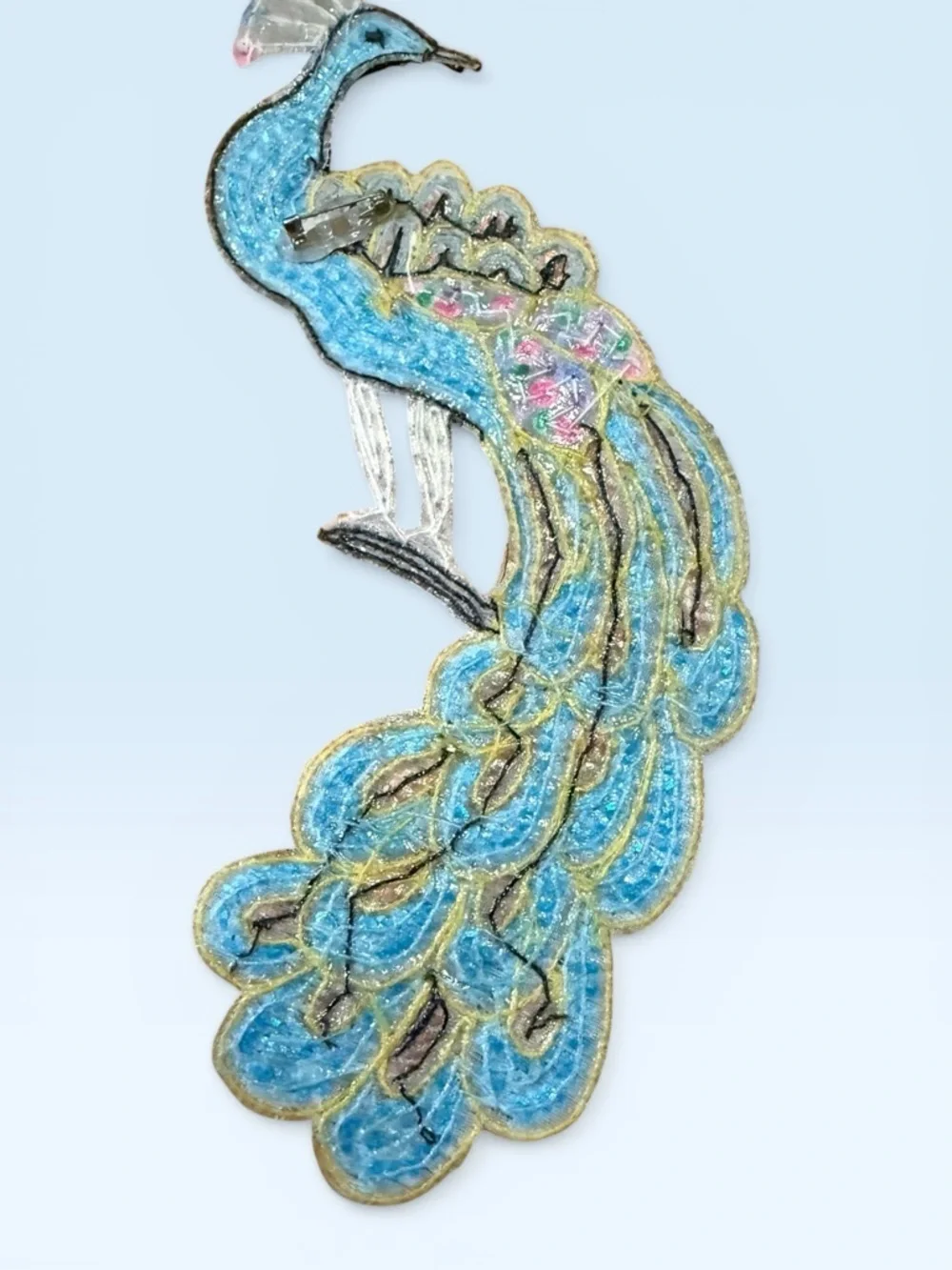 Vintage Turquoise Peacock Sequin & Beaded Appliqué Brooch - Picture 5 of 7